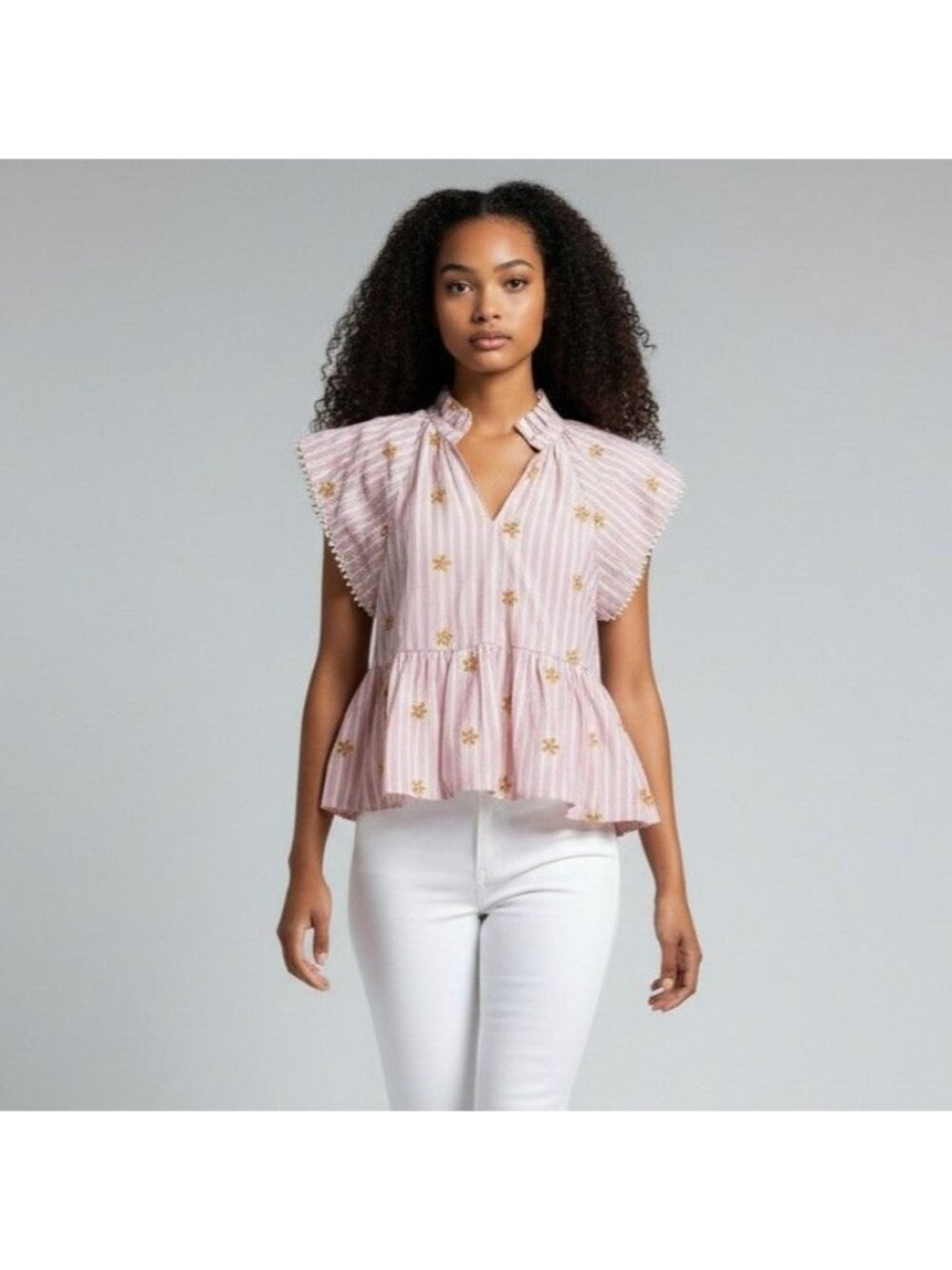 THML Pink White Striped Flutter Slv Peplum Top Floral Embroidery Cottage core